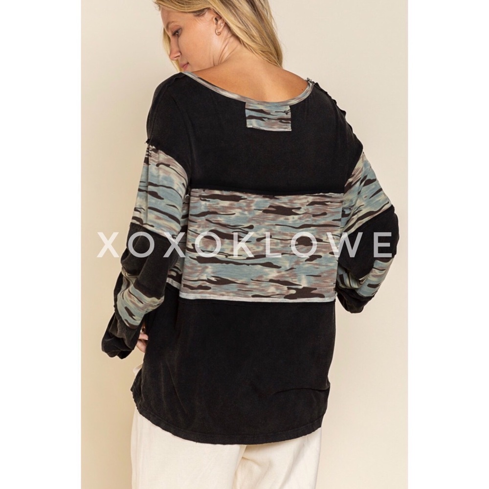 POL Long Sleeve Premium Tee Camo Print Color Block Relaxed Fit Layering - Picture 5 of 8